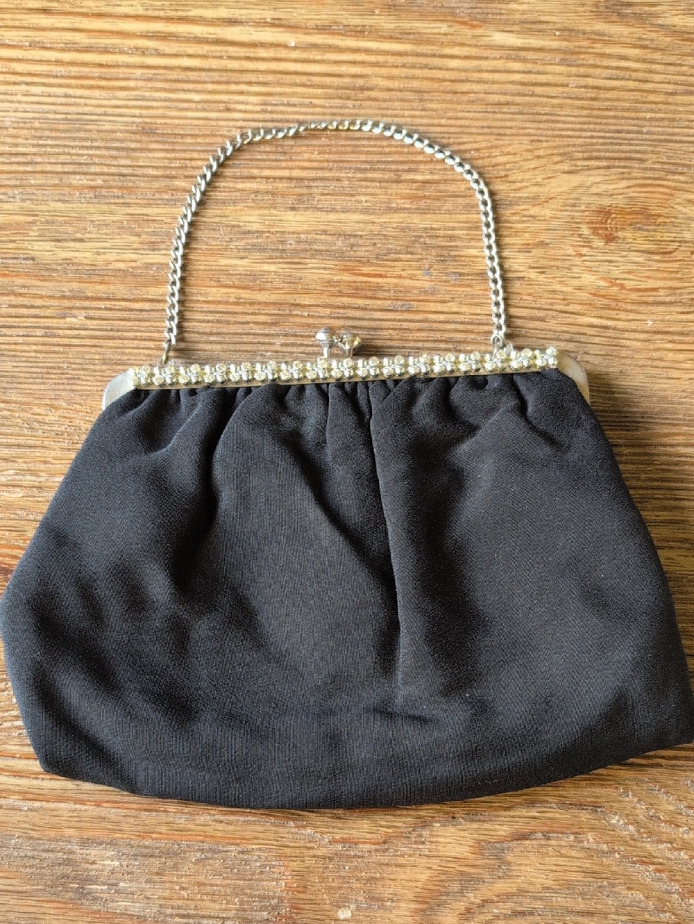 Vintage 50s Black Evening Clutch Purse with Rhinestone Frame